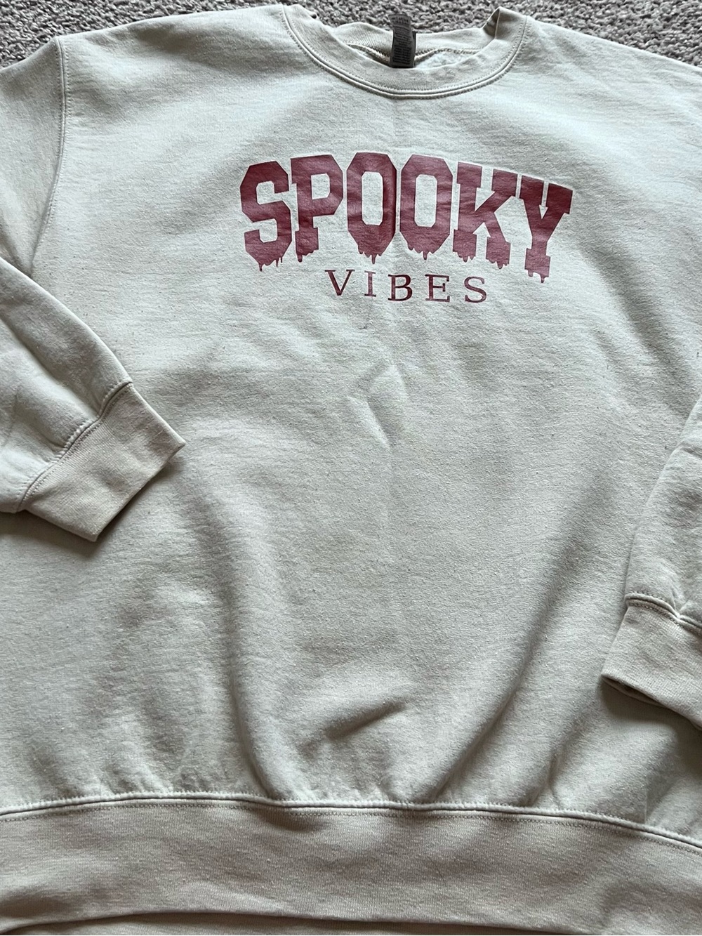 Gildan Cream Crewneck Halloween Sweatshirt with Maroon "SPOOKY VIBES" Graphic